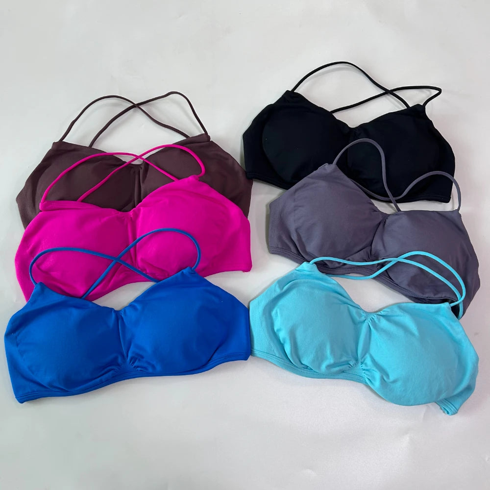 Seamless Sports Bra Women Cross Back Straps Yoga Bra V-shape Scoop Padded Gym Top Yoga Underwear Fitness Workout Clothes