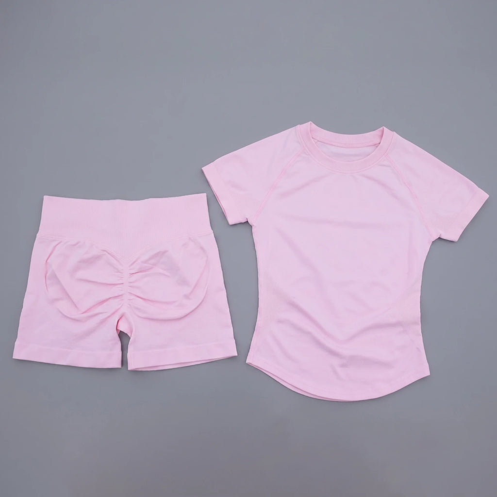 2 Pieces AURA IMPACT Sports Sets Short Sleeve Seamless Yoga Top Fitness Set Women Workout Running Sports Shorts Gym Suit