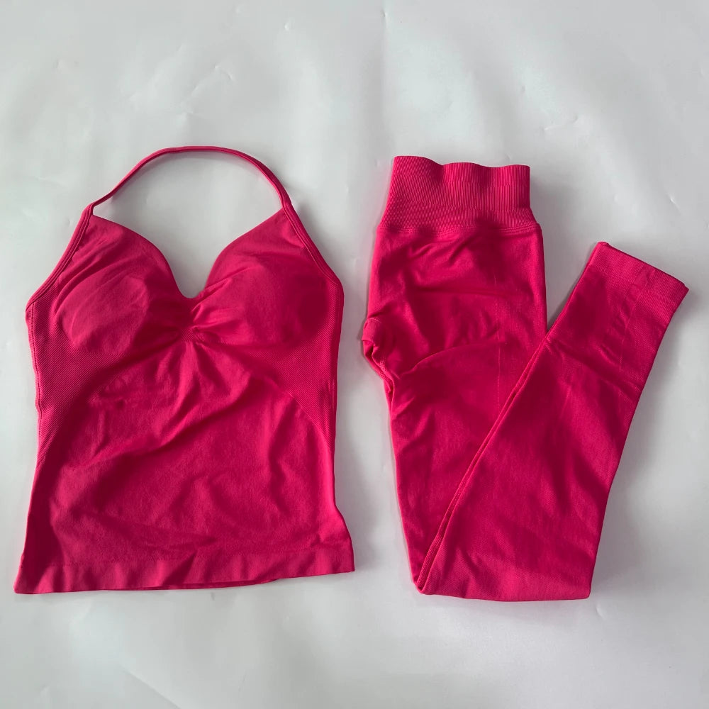 No Logo Seamless Gym Set Women Tank Tops High Waist Scrunch Yoga Leggings Fitness Clothes Workout Sets Gym Suit Activewear
