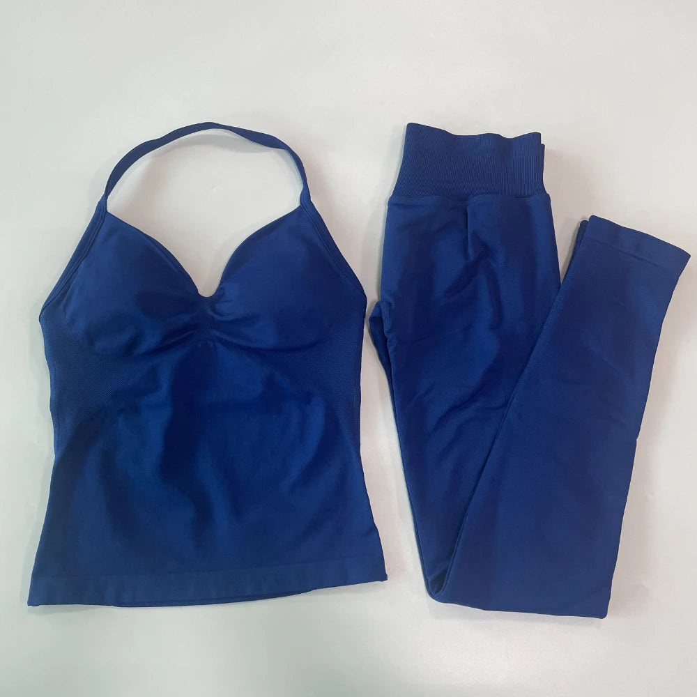 No Logo Seamless Gym Set Women Tank Tops High Waist Scrunch Yoga Leggings Fitness Clothes Workout Sets Gym Suit Activewear